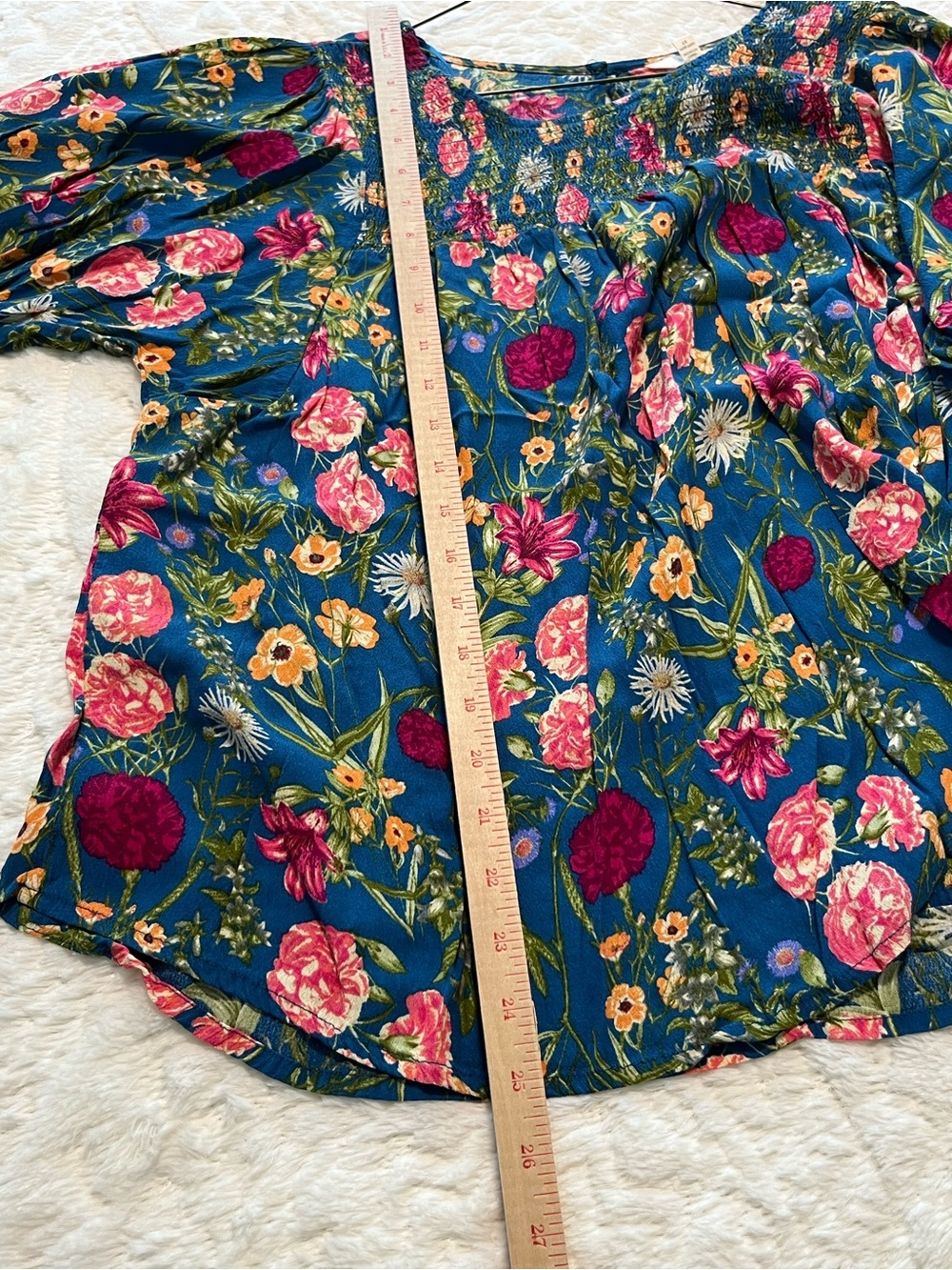Terra & Sky Teal Floral Smocked Blouse with Pink Accents Size 2X - Picture 9 of 9